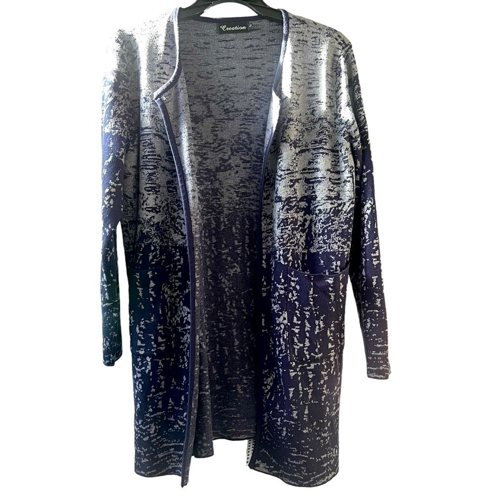 Creation Women’s Sz L Angora Wool Blend Open Cardigan Duster Longline Blue Gray